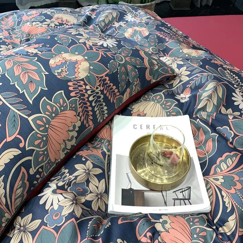 

50Red Silky Egyptian cotton Western style Simple Plant Duvet Cover Set Bed sheet Flat sheet set King Queen Size Bedding Set