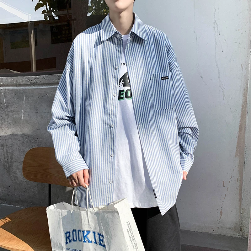 

Новинка 2021, Повседневная рубашка, мужская полосатая рубашка в гонконгском стиле Ins с длинным рукавом, модные Универсальные Свободные корейс...