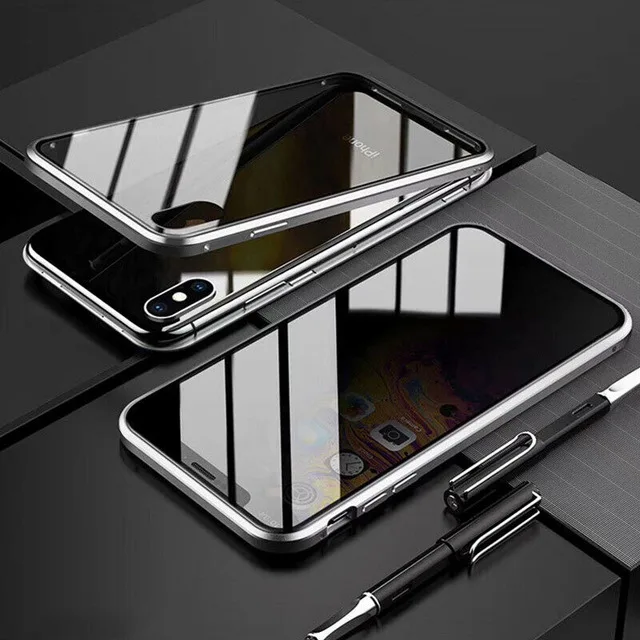 Sliver Магнитный металлический чехол для Xiaomi Redmi Note 7 Pro 360, магнитный антишпионский чехол для iPhone 11 Pro Max XR XS X 8 7 6, чехол - Цвет: Sliver