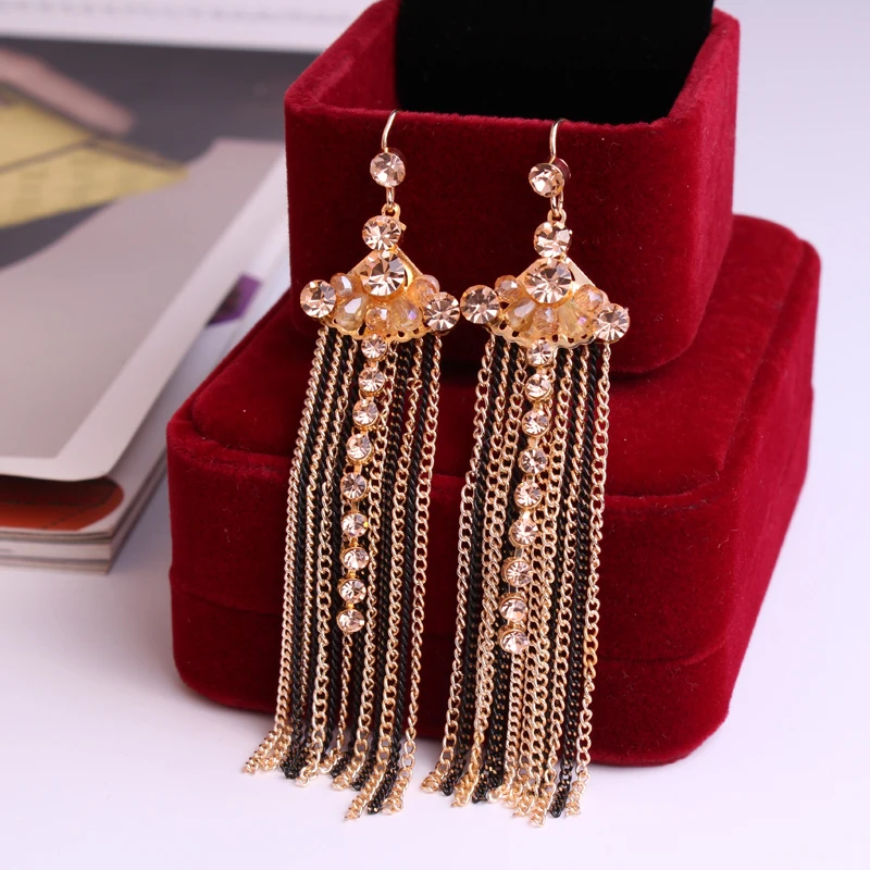 

Bohemian Champagne gold Exaggerated long fringed earrings women Crystal earrings temperament earrings