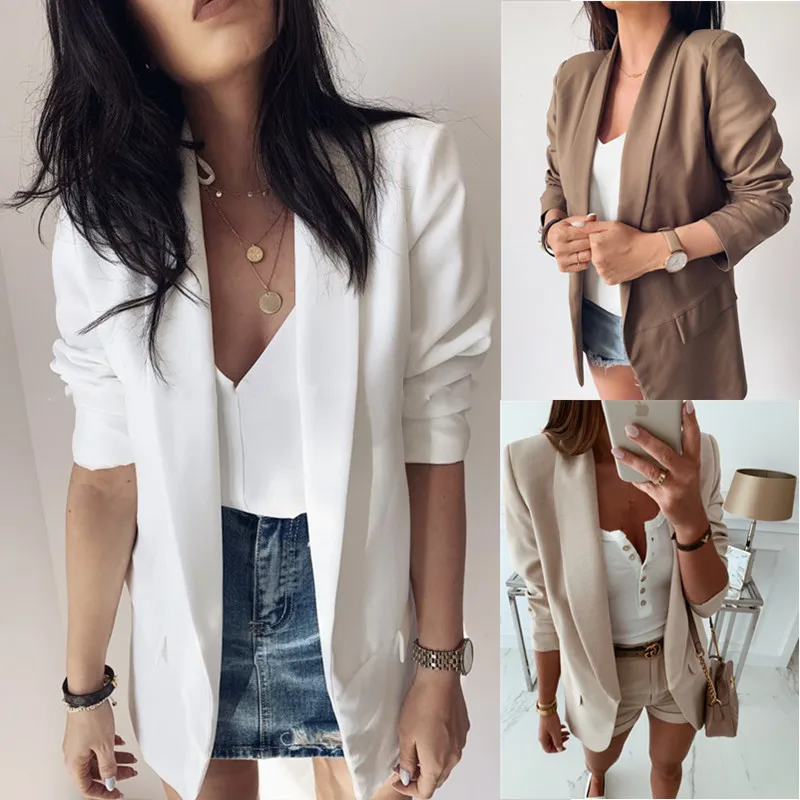 

Plus Size 2020 Women Elegant Slim Casual Solid Business Blazer Pocket Bodycon Long Blazers Jacket Ladies Spring Autumn Suit