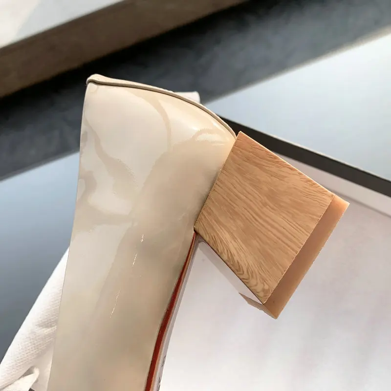 

New Sweet Women square Heeled Basic Pumps square Toe Wedding Party Shoes Woman Genuine Leather New Shoes