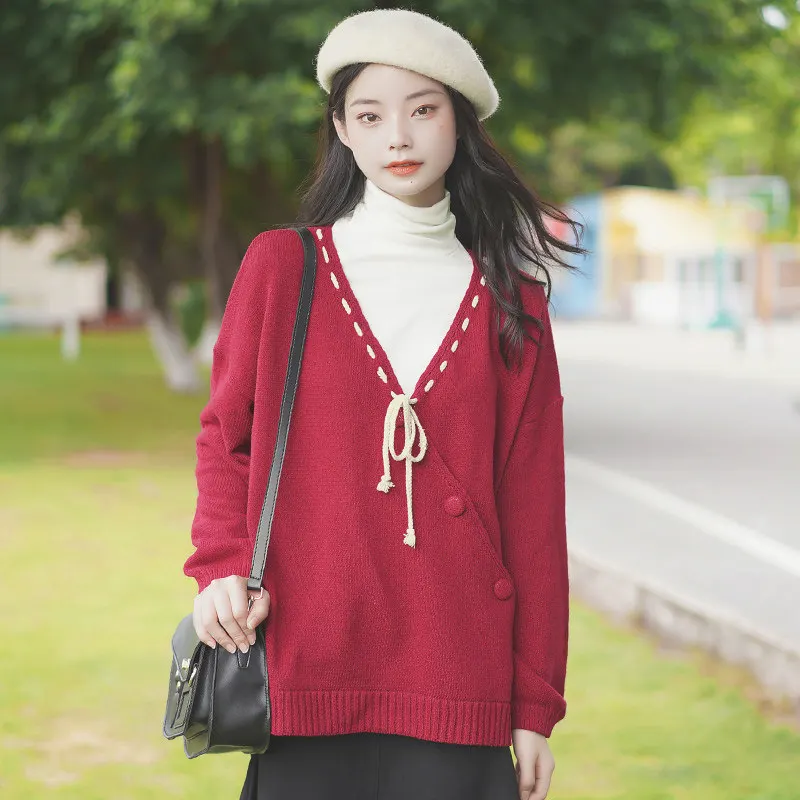 

Fake 2PCS Set Turtleneck Red Sweater For Women Autumn Chirstmas Pullovers Tops Knitwear Female Hit Color Sweater