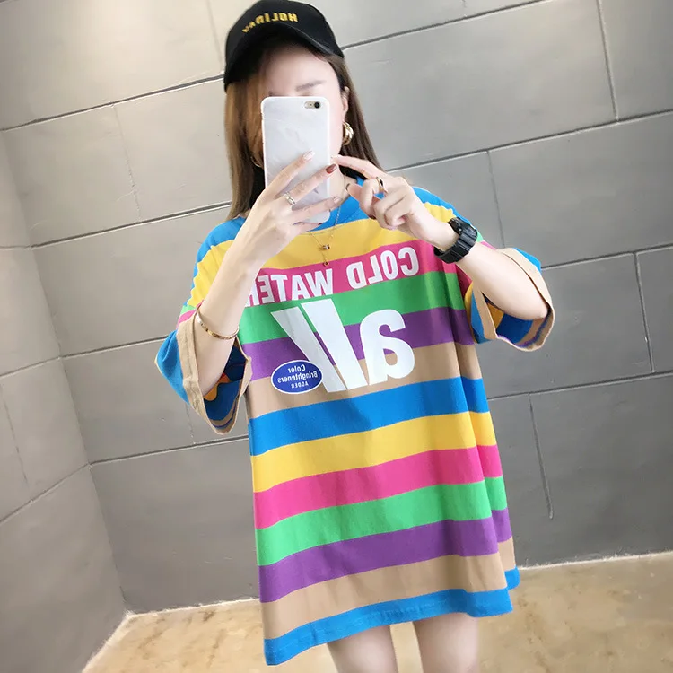 

100% Cotton Rainbow Striped T Shirt Summer Oversized Tshirt Women 2020 Casual Short Sleeve Loose O-Neck Tops Hipster L0619