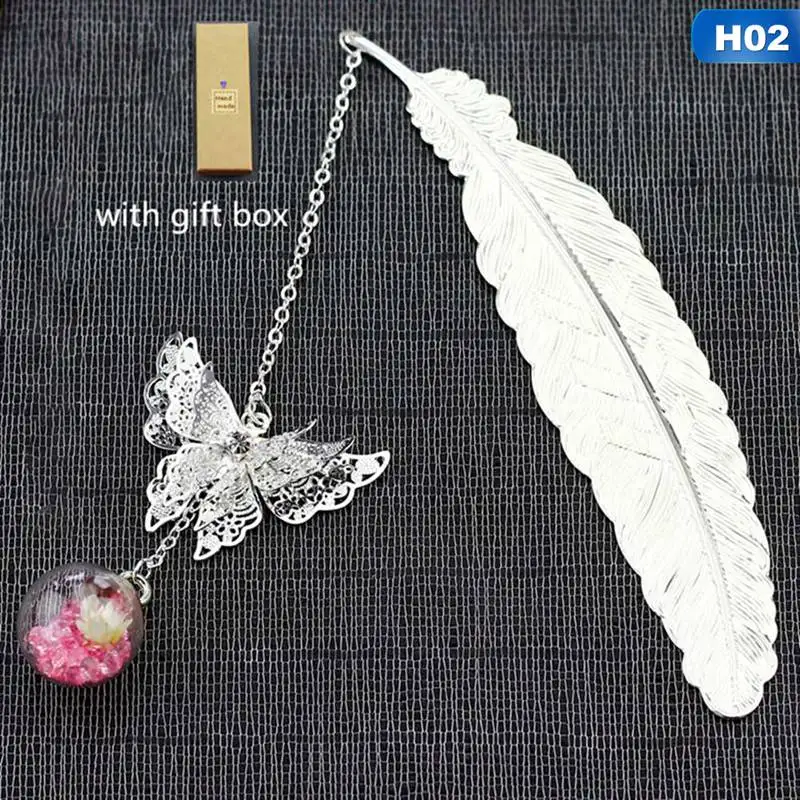 

1Pcs Retro Vintage Bookmark Feather/Butterfly Charms Metal Bookmarks with Gift Box Stationery Book Mark Students Gift