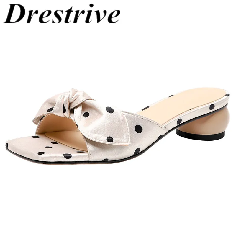 

Drestrive Women's Sandals Satin Butterfly Knot Mid Heels Square Toe Fleck 2020 Summer Outside Girls Slippers Round Heel Size 43