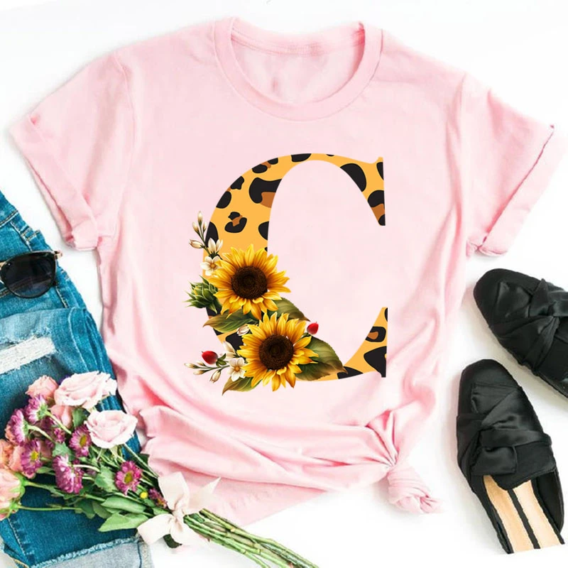 

ZOGANKIN Custom Name Letter Combination Font A B C D E O Female Pink Fashion Women T Shirt Leopard Sunflower Print Casual Tops