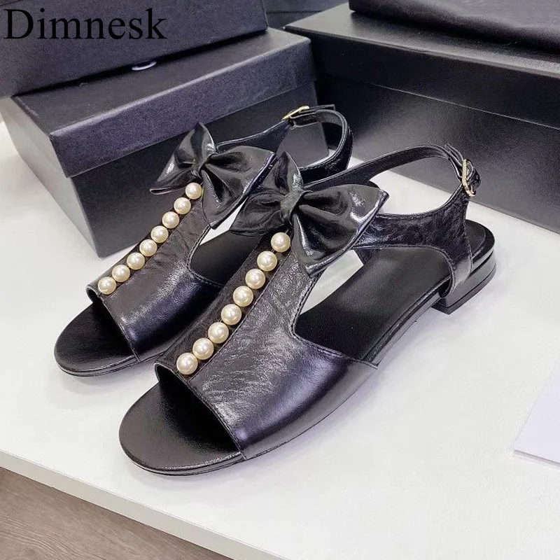 

Summer Low Heel Open Toe Sandals Women Real Leather Bow-Knot Pearl Decor Backstrap Sandalias Leisure Vacation Shoes For Ladies