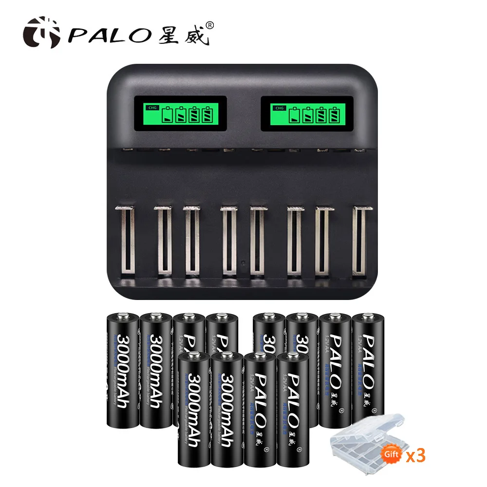 with 12pc AA Battery Palo Новое поступление AA AAA C D зарядное устройство USB lcd Быстрая зарядка+ 16 шт 1,2 в Ni-MH AA Аккумуляторная батарея низкий саморазряд - Цвет: with 12pc AA Battery