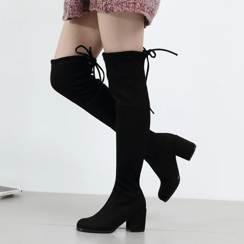 Привлекательные эластичные облегающие сапоги выше колена из флока женская обувь