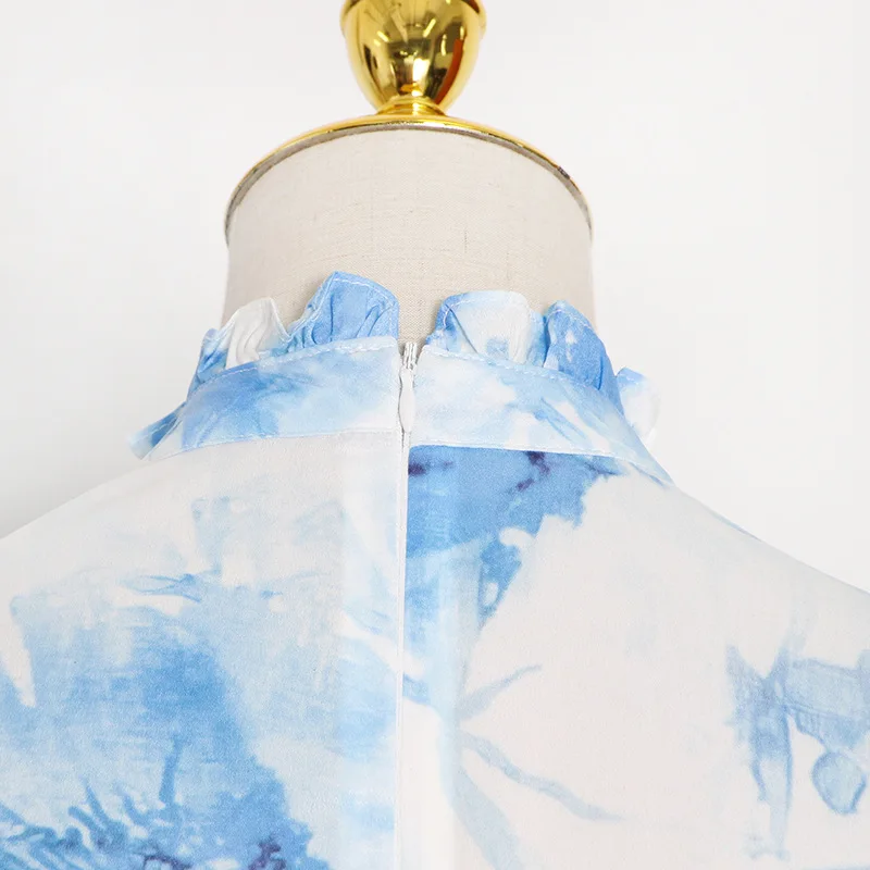 

Bohemian Style Blue Print Chiffon Dresses Women 2021 Summer New Stand Collar Ruffles Big Swing Dress Fashion Elegant Vestidos