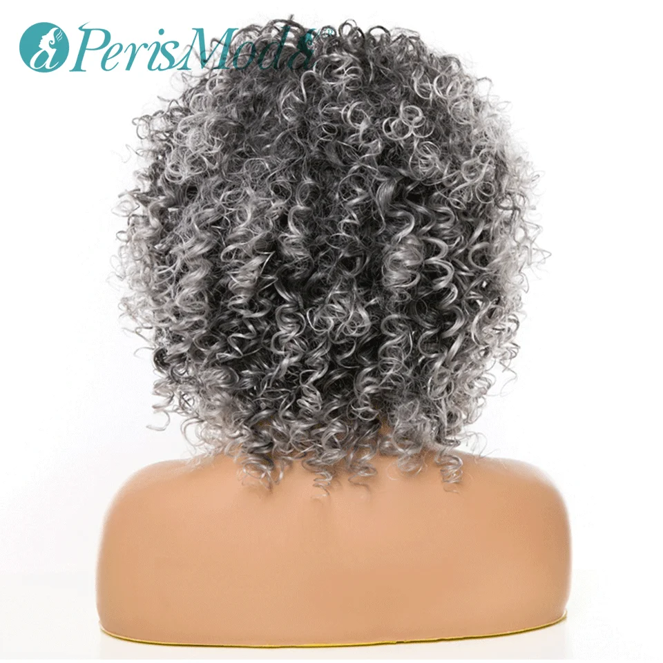 Short Synthetic Wigs with Bangs Kinky Curly Wig for Women PerisModa Mixed Brown and Grey Natural High Temperature Fiber Hair | Шиньоны и