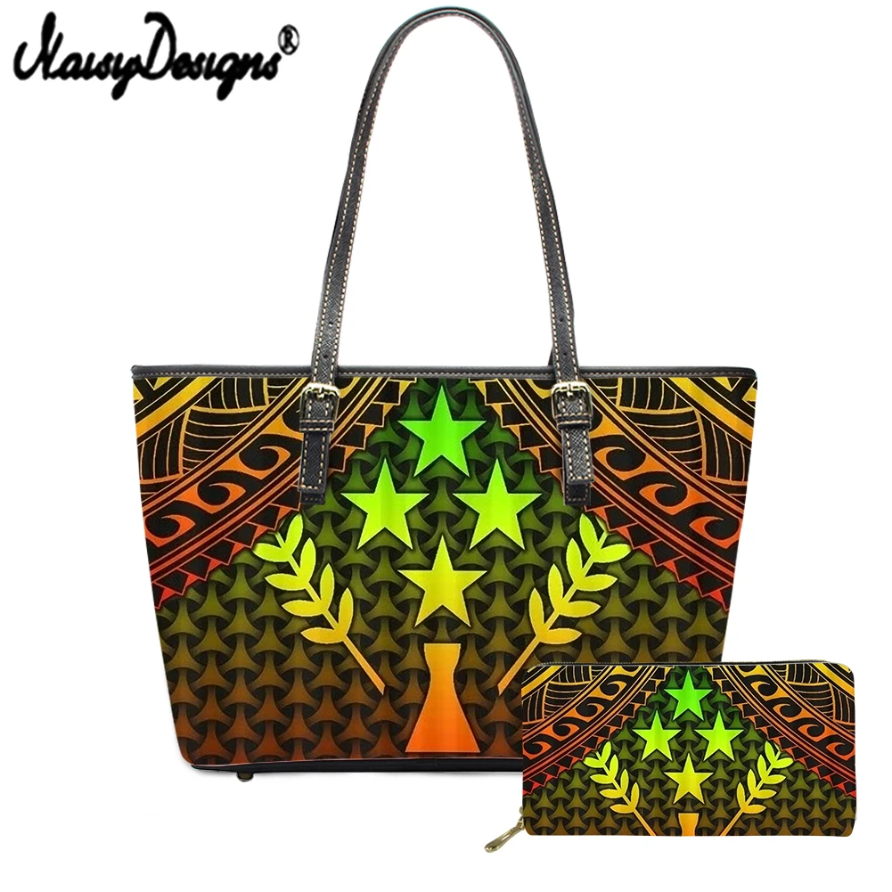 

Noisydesigns Hot Sales PU Leather 2pcs Set Women Shoulder Bag And Wallets Kosrae Polynesian Hibiscus Leaf Print Lady Totes Bolsa