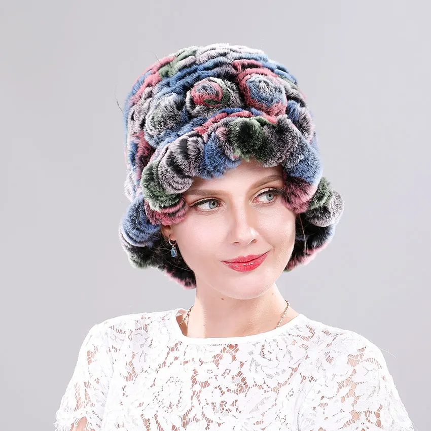 

Fedoras Winter Hat for Women Real Natural Rex Rabbit Fur Knitted Caps Russian Striped Fall Bonnets Genuine Fur Womens Church Hat