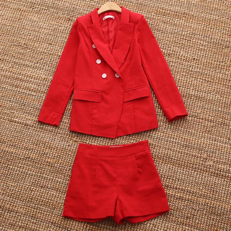 Весенне-осенний женский брючный костюм комплект из 2 предметов красный с шортами