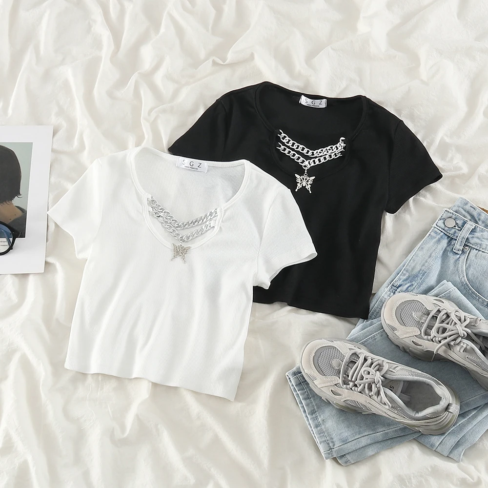 Футболка женская с коротким рукавом ажурный укороченный модный топ бабочкой и