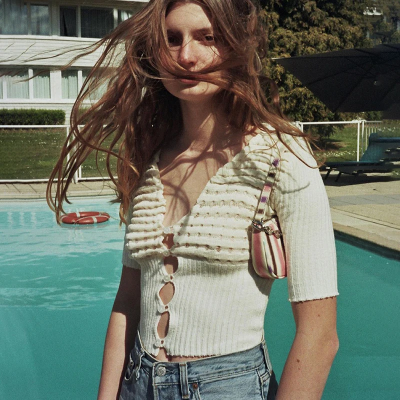 

Casaul Knit Y2K Crop Top For Girls Women's T-Shirts 2021Harajuku Female Short Sleeve Deep V Neck Button Up Sheath Tee Shirt