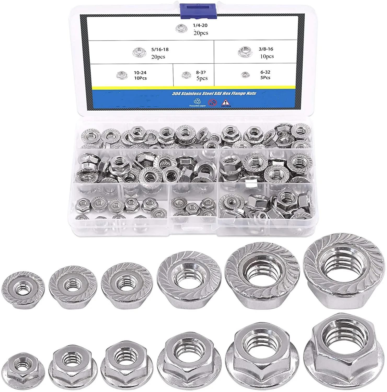 

304 Stainless Steel 1/4-20 5/16-18 3/8-16 10-24 8-32 6-32 Serrated Flange Hex Lock Nuts Assortment Set