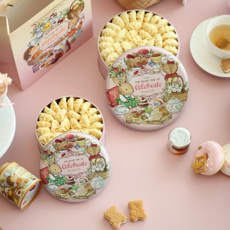 

Жестяная коробка с мультяшным Кроликом, 1 шт., круглая, пустая, с бумажными пакетами, чехол для хранения ювелирных изделий, конфет, печенья, по...