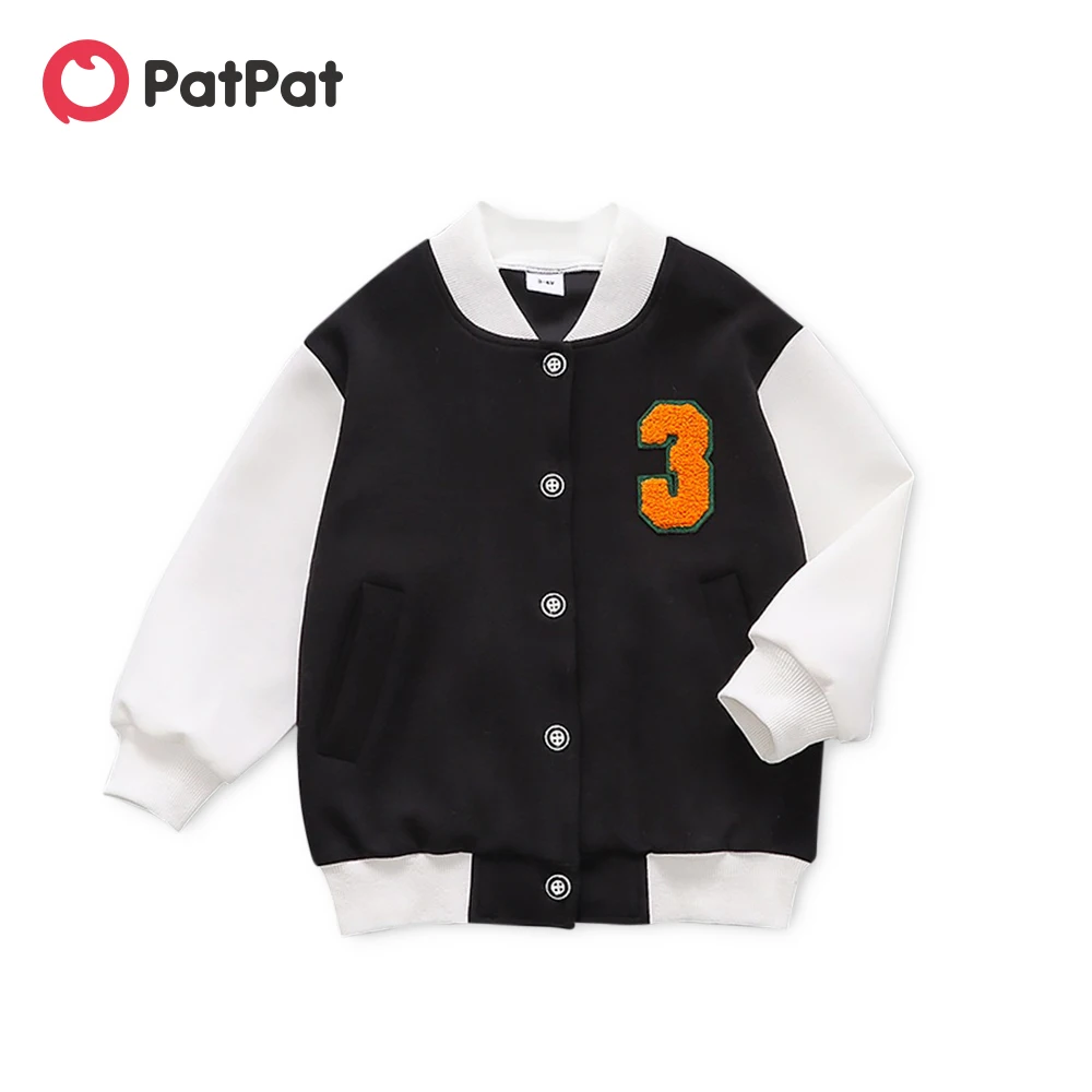 

PatPat Toddler Boy 100% Cotton Number Embroidery Button Design Colorblock Jacket Coat