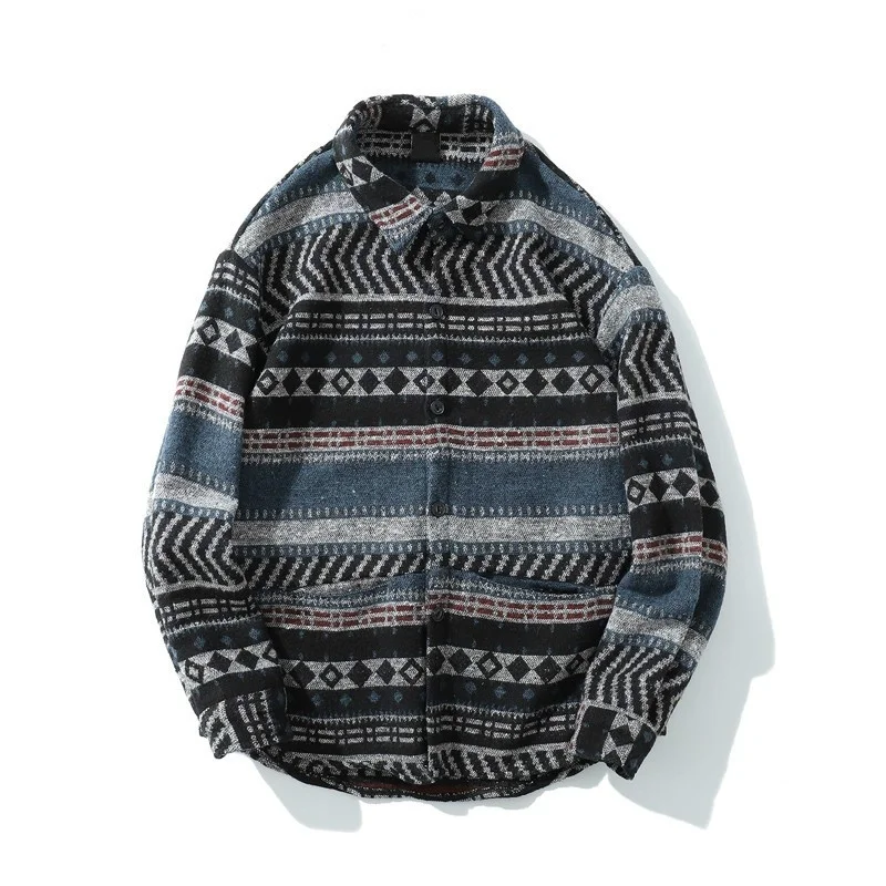 Мужская рубашка с начесом свободная теплая Повседневная в полоску фольклорном