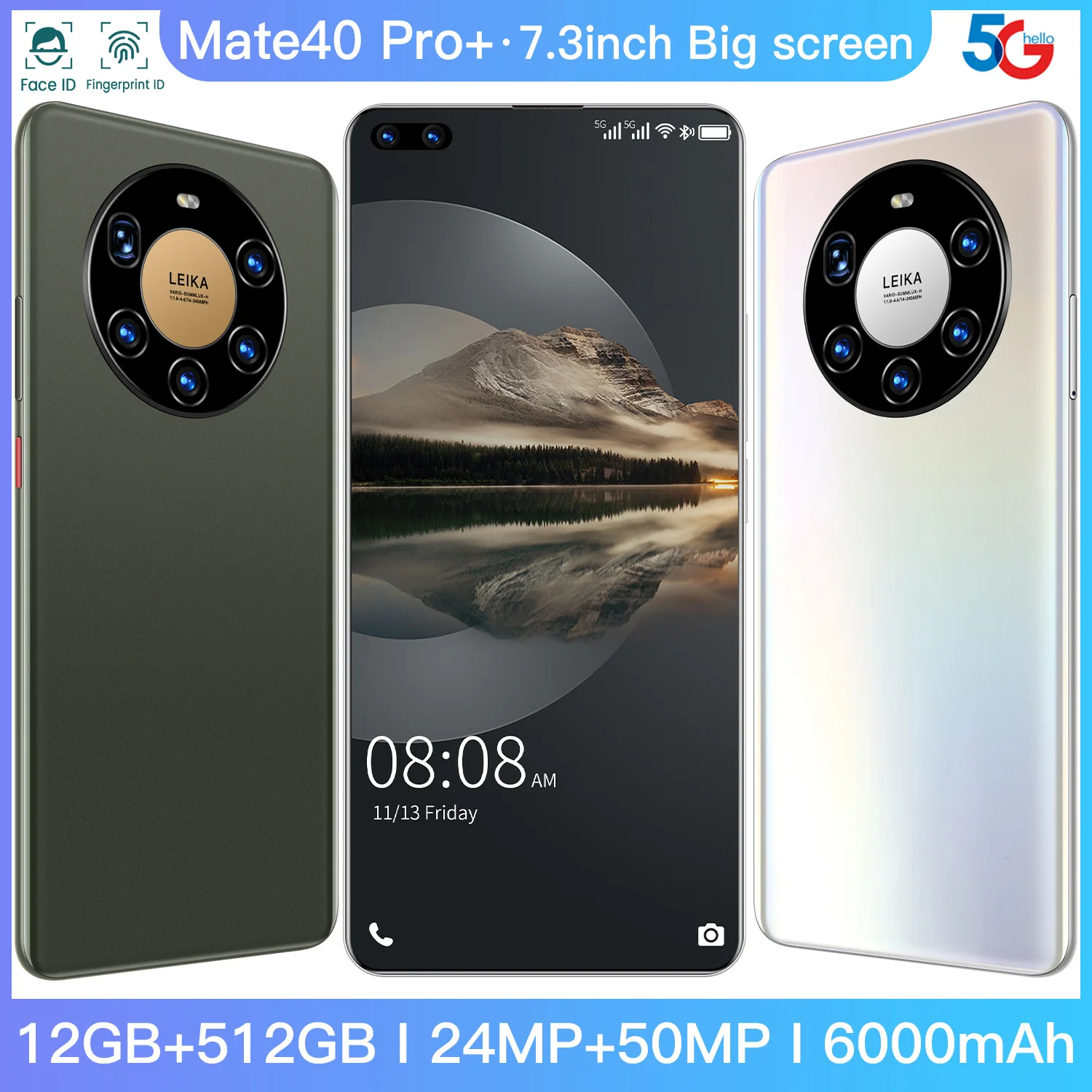 

2021 Global Version Huava Mate40 Pro Smartphone 7.3 Inch 10 Core 12GB 512GB 24MP 50MP Snapdragon 888 Face ID 6000mAh Cell Phones