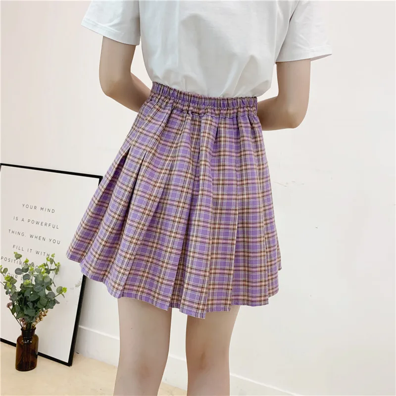 

M - 4XL Skirt Female Kawaii Purple Leather Buckle Pleated Skirt Women Summer New High Waist Ins Super Fire Plaid Skirts Mujer