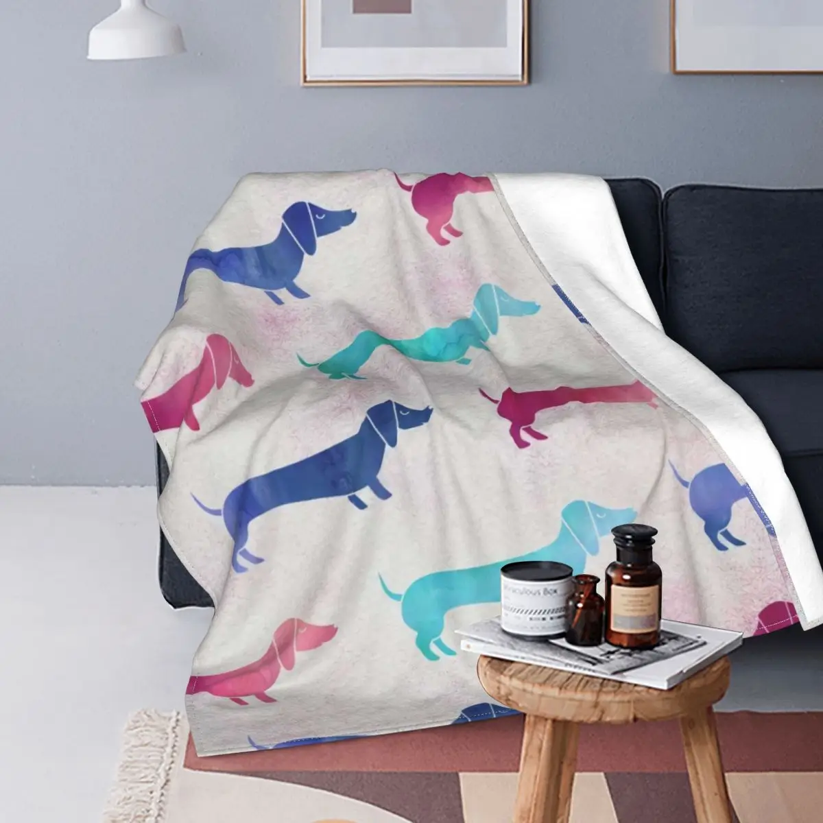 

Dachshund Dog Silhouette Blanket Cute Plaid Stitch Warm Breathable Coral Fleece Throw Blankets For Dormitory Office