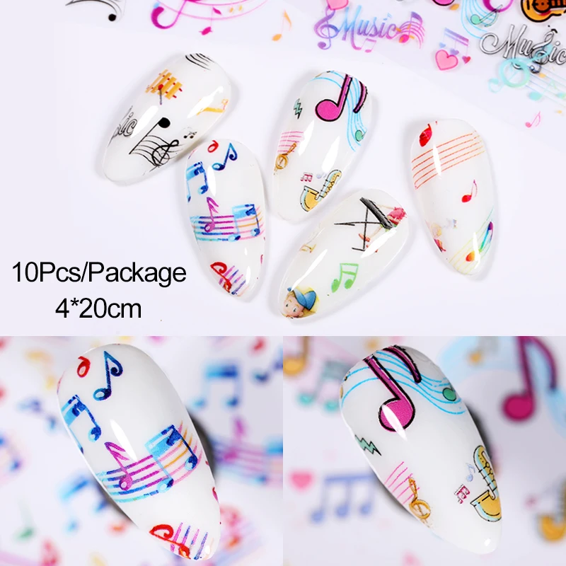 10Pcs Music Symbol Pattern Foil Nails Guitar Singer Christmas Halloween Adhesive Nail Art Stickers Slider Decoration Wraps | Красота и