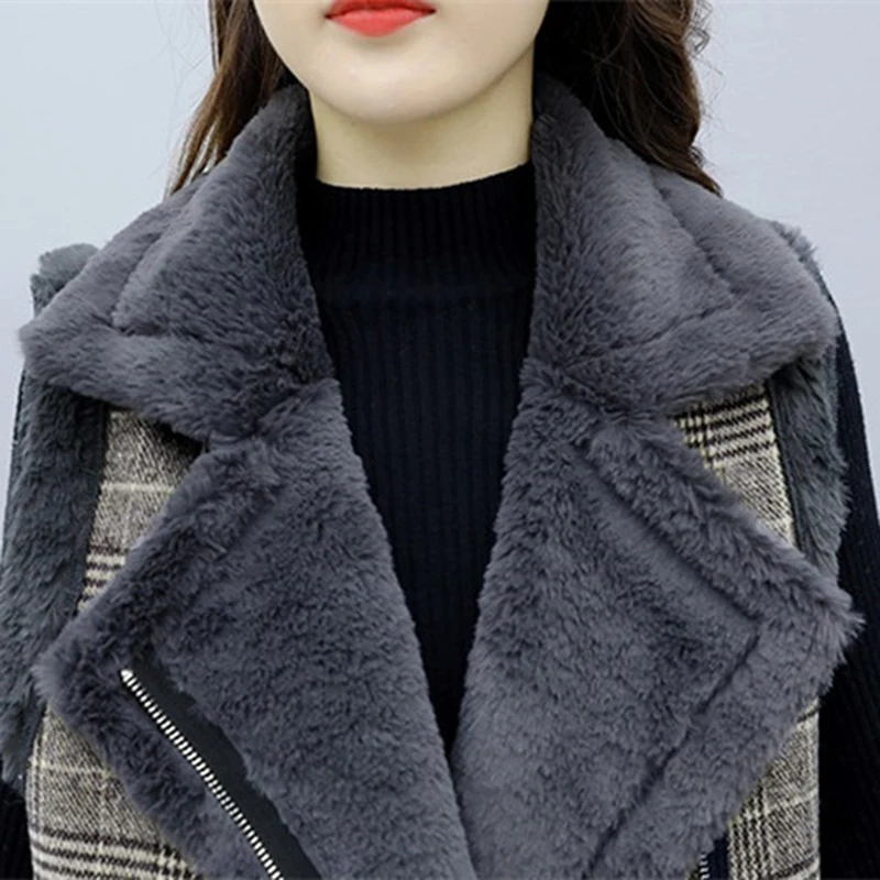 Осень Зима Новый клетчатый длинный шерстяной жилет для женщин плюс бархатный