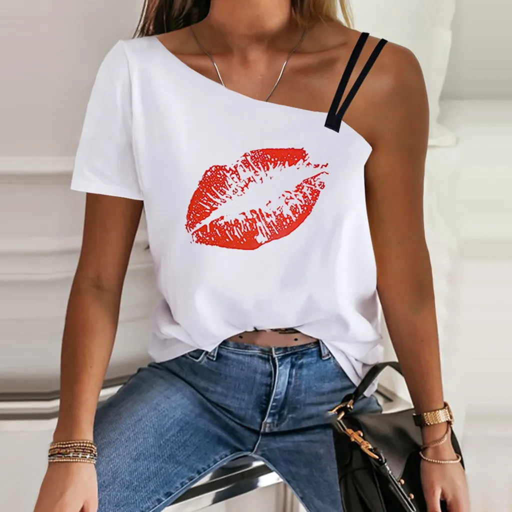 

Забавная черная футболка для девочек с круглым вырезом и рисунком губ, Женская Сексуальная футболка с рисунком красных губ, топы с открытым...