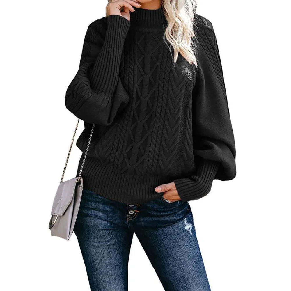 

Europe America Sweater Autumn Winter Loose Fashion Half High Collar Lantern Sleeve Hedging Knitting Wool Sweater