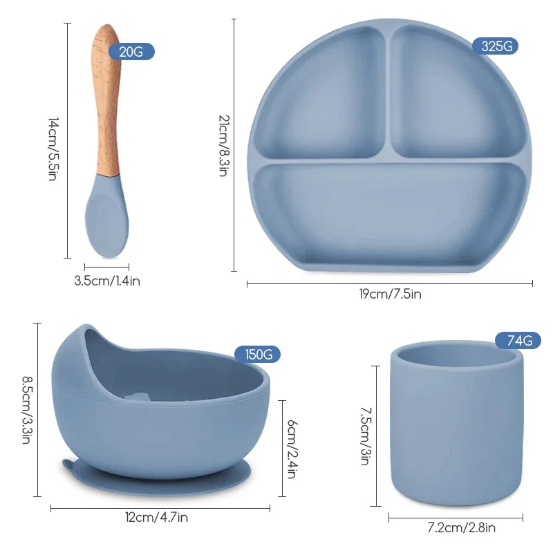 Vajilla de alimentaci&oacute;n de silicona de 5 piezas, juego de vajilla de succi&oacute;n, plato, cuencos, Platos Para Beb&eacute;, taza, cuchara, babero-4