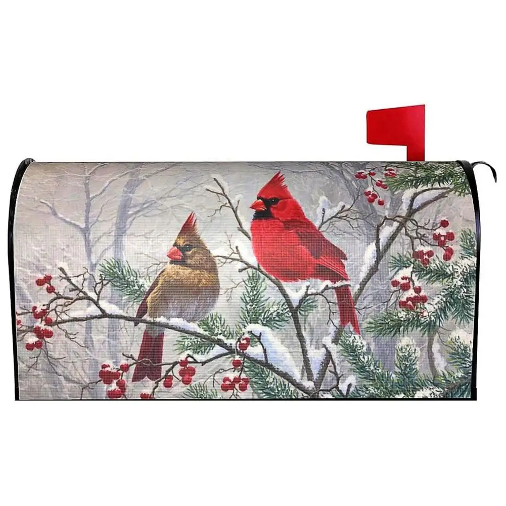 

Winter Cardinals Bird Mailbox Cover Christmas Magnetic Mailbox Cover Holly Berry Branches Post Letter Box Cover Waterproof Decor