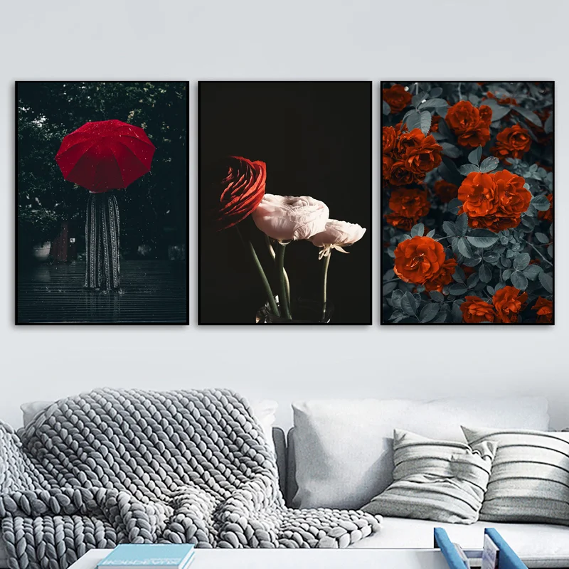 

Red Umbrella Rose Sexy Woman Canvas Painting Retro Raining Flower Wall Art Pictures Nordic Poster And Print For Living Room