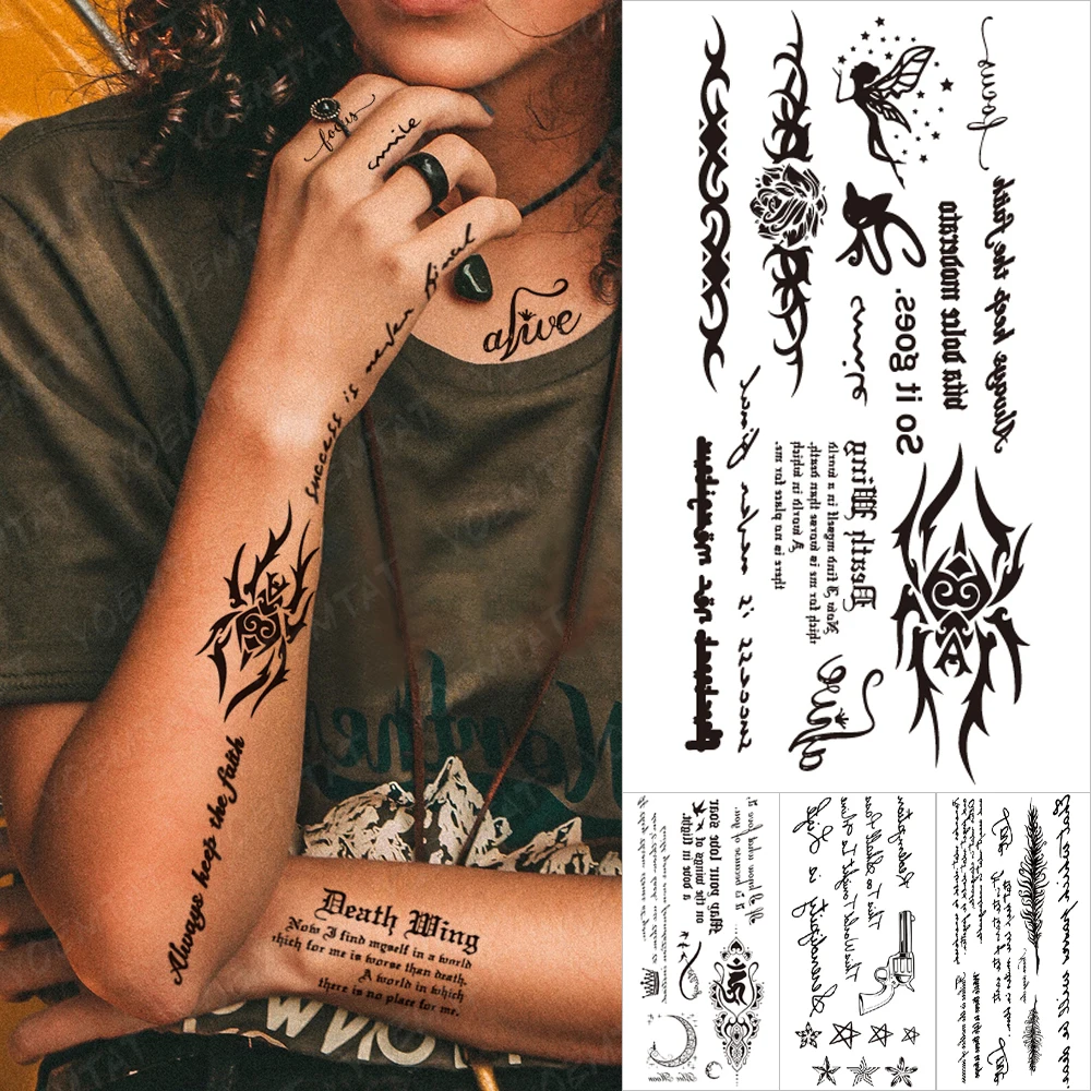 

Черное слово пламя Тотем водостойкая Временная тату-наклейка английский текст письмо пистолет перо боди-арт на руку флэш искусственная тат...