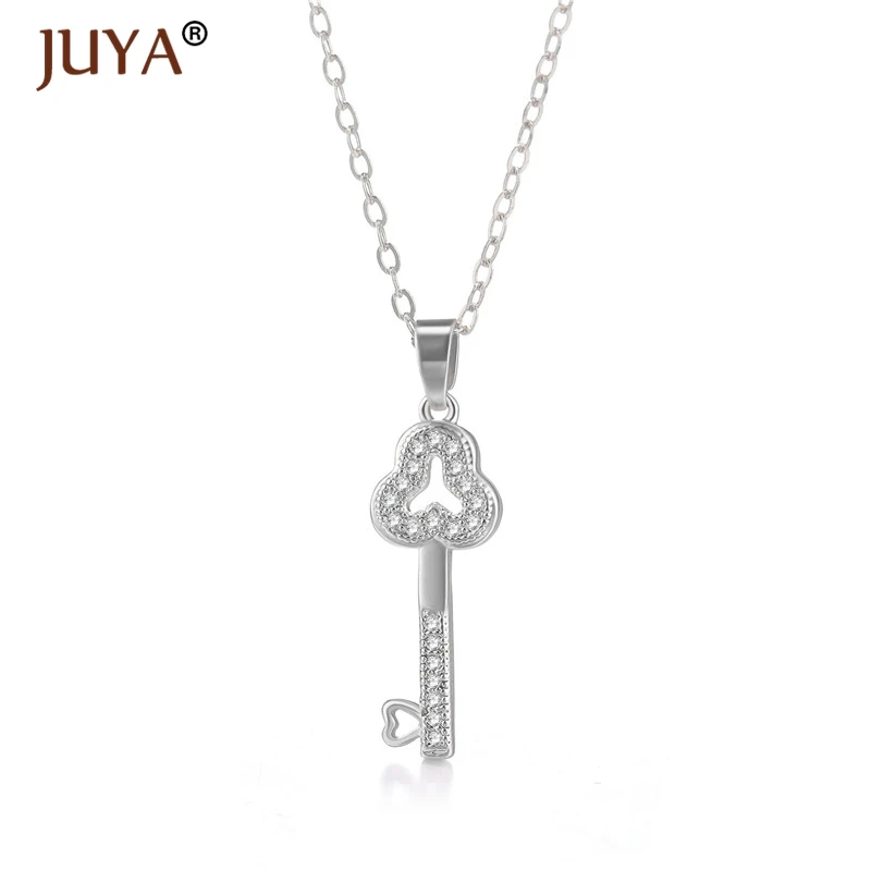fashion statement necklaces for women Luxury Jewelry Copper Zircon Rhinestone Key Pendants Necklace Silver Femme