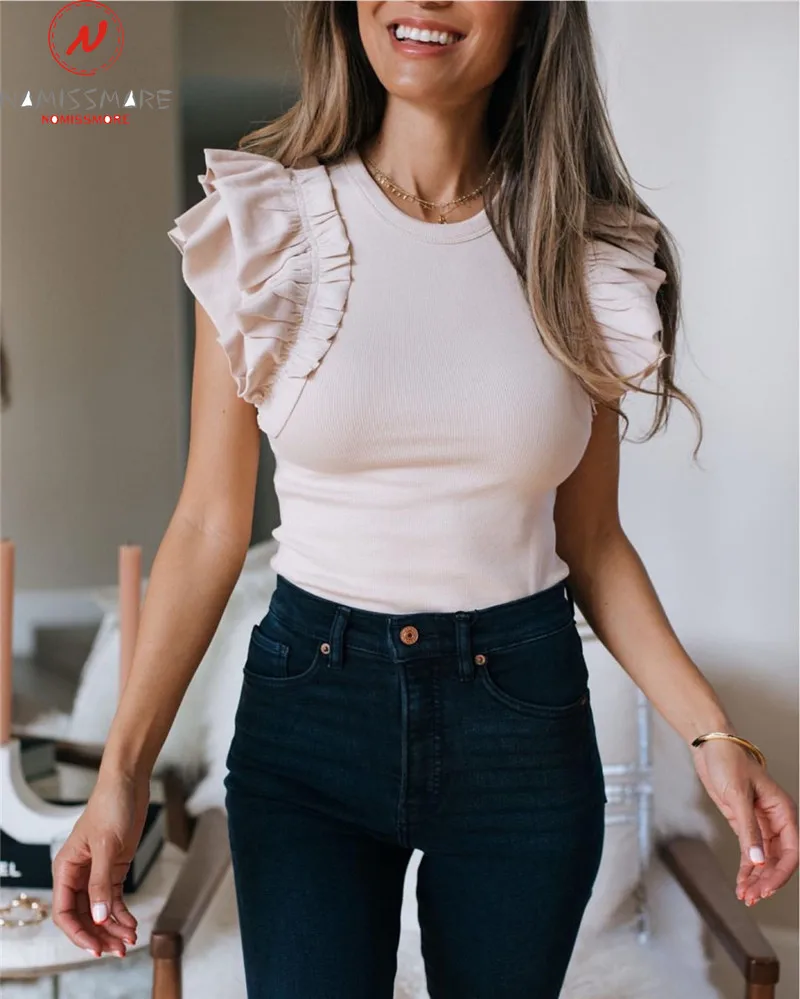 

Elegant Women Summer Solid Color T-Shirts Patchwork Design Ruffles Decor O-Neck Short Ruffles Sleeve Slim Pullovers Knitted Top