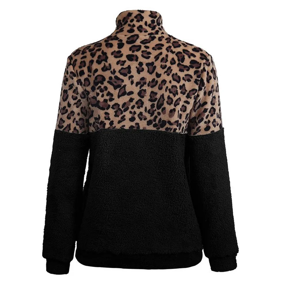 Leopard Patchwork Fluffy Sweatshirt Women Zip Fleece Casual Oversized Hoodie Winter Pullover Hoody Ladies Tops Plus Size | Женская