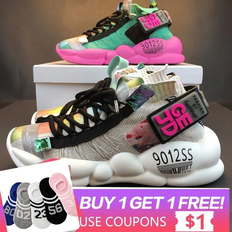 

2020 Women Chunky Sneakers Platform 5cm Thick Sole Ladies Casual Vulcanize Shoes Web Celebrity Dad female Sneakers Designer