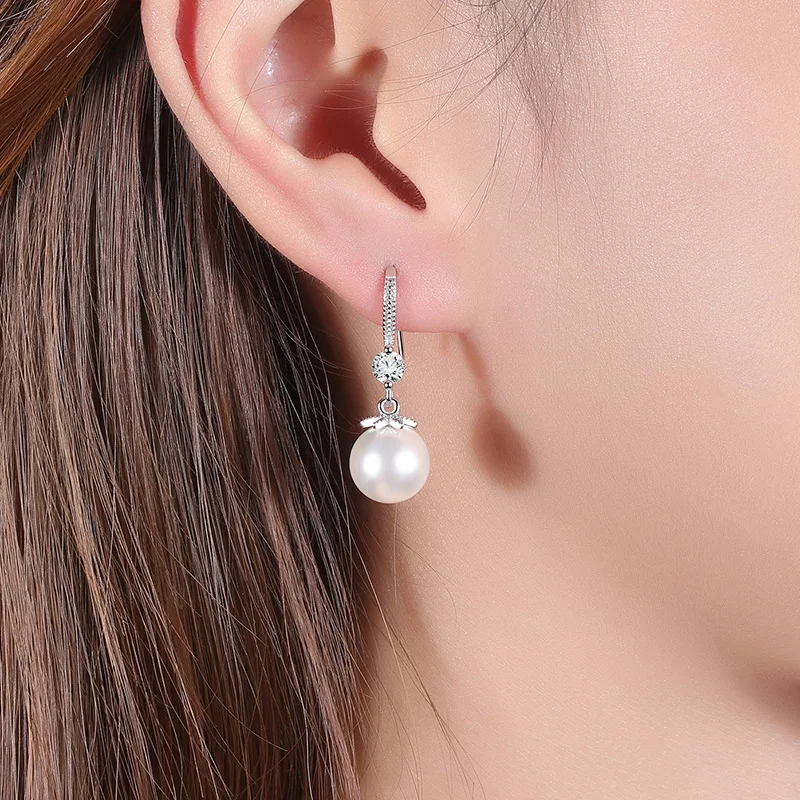 

Fashion Silver Plated Pearl Earrings Elegant Princess Charming Jewelry Bride Engagement Wedding Earrings Birthday Gift