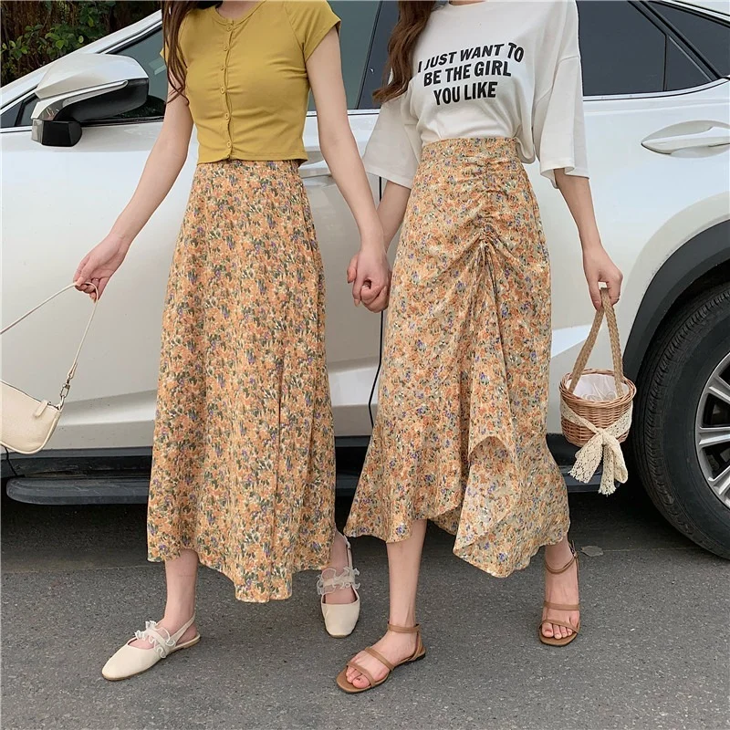 

Vintage Cottagcore Ruffles Pleated Drawstring Elastic Waist New Korean Fashion Midi Skirts French Style Floral Print Long Skirts