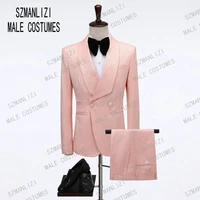 2019 fashion deisgn peach double breasted wedding groom suit with pants slim fit men tuxedo suit for wedding prom best man suits