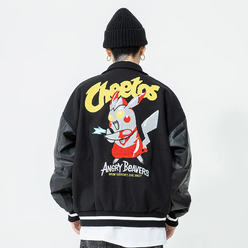 Мужская куртка-бомбер из искусственной кожи в стиле пэчворк с нашивкой аниме