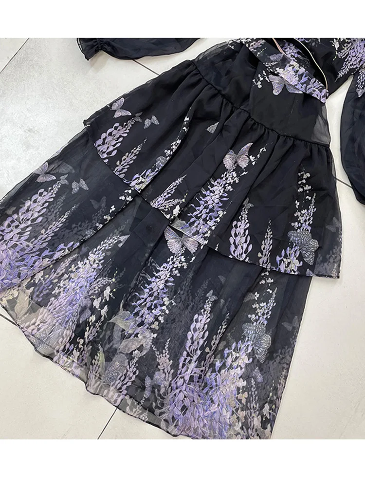 

Retro print single-breasted belted waist multi-level ruffled silk faux silk dress Ladies spring new style large hem Puff skirt