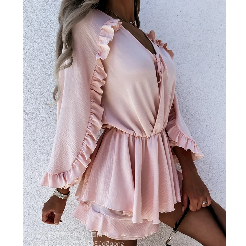 

Mandylandy Wooden Ear V-neck Jumpsuits Women Solid Long Sleeve Patchwork Fitted Waist Jumpsuit Low Cut Short Pants Jumpsuit