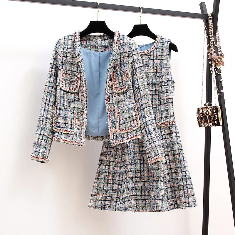 Модный Роскошный твидовый комплект 2019 осенне зимний элегантный женский с синим