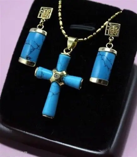Free Shipping &gt&gtGorgeous Turquoise stone &quotcross&quot Pendant Necklace + Earrings | Украшения и аксессуары