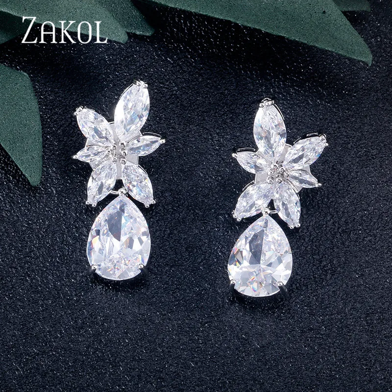 Модные серьги-подвески ZAKOL с цирконом в виде листьев для женщин свадебные серьги