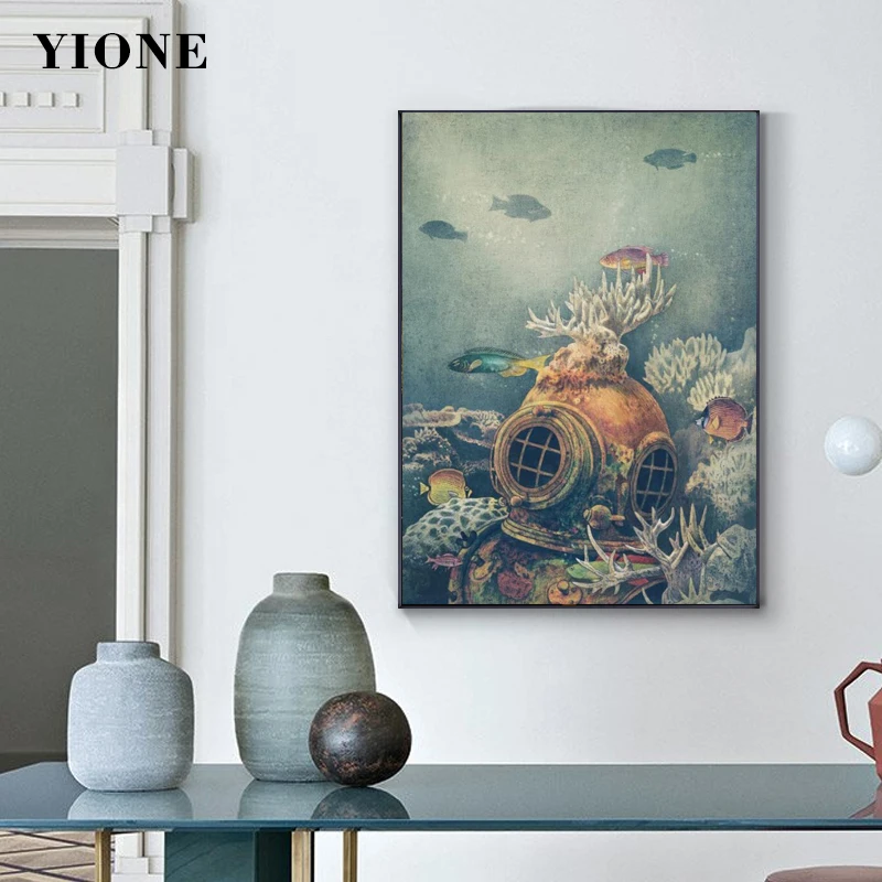 

Vintage Fish Coral Wetsuit Diver Canvas Paintings Abstract Sea Ocean World Posters and Prints Wall Art Pictures for Room Decor